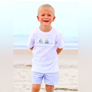 NWT - Southern Sunshine - Boys Smocked Sailboats Light Blue Short Set - Size: 4T